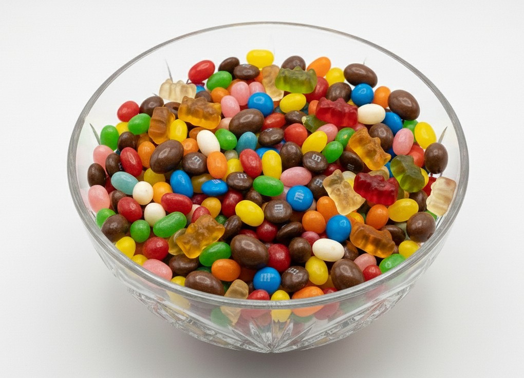 Bowl of wax-coated candies